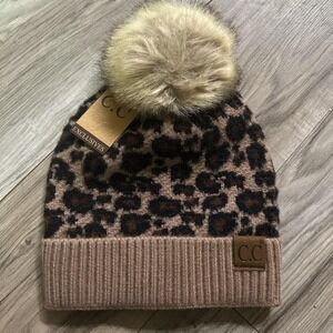 CC Beanie Leopard Print Stocking Hat with Pom Pom